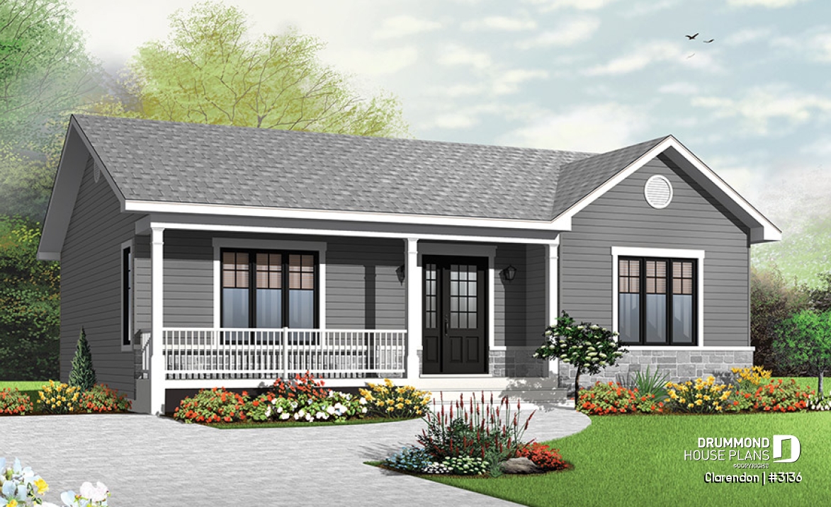 front - BASE MODEL - Traditional ranch style bungalow plan, ideal starter home, open living concept with patio door, large shower - Clarendon