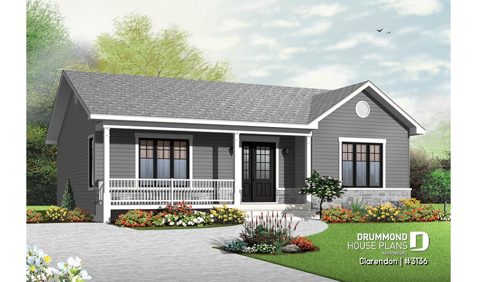 front - BASE MODEL - Traditional ranch style bungalow plan, ideal starter home, open living concept with patio door, large shower - Clarendon