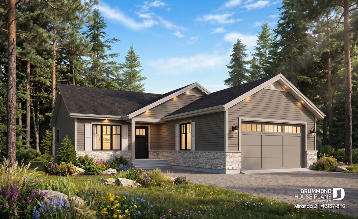 front - BASE MODEL - Affordable ranch bungalow, master bedroom with walk-in, kitchen / dining / living open concept, 2-car garage - Miranda 2