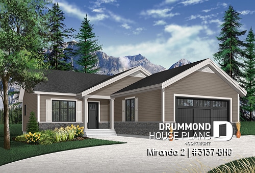 front - BASE MODEL - Affordable ranch bungalow, master bedroom with walk-in, kitchen / dining / living open concept, 2-car garage - Miranda 2
