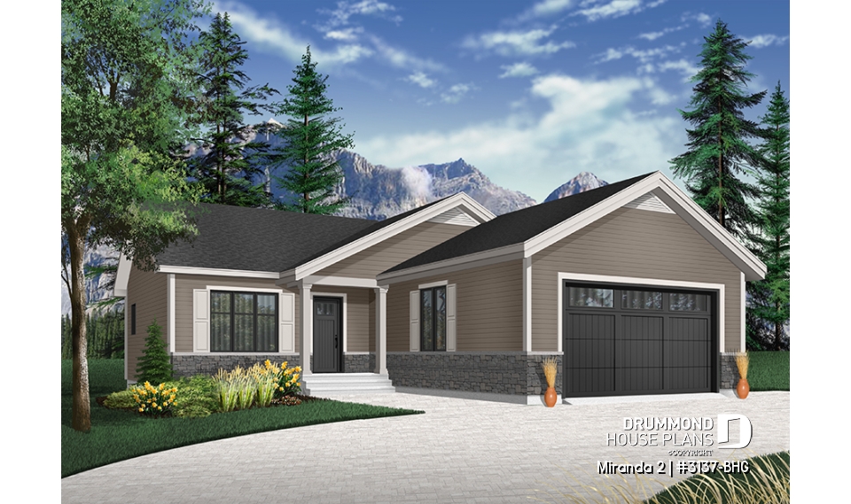 front - BASE MODEL - Affordable ranch bungalow, master bedroom with walk-in, kitchen / dining / living open concept, 2-car garage - Miranda 2
