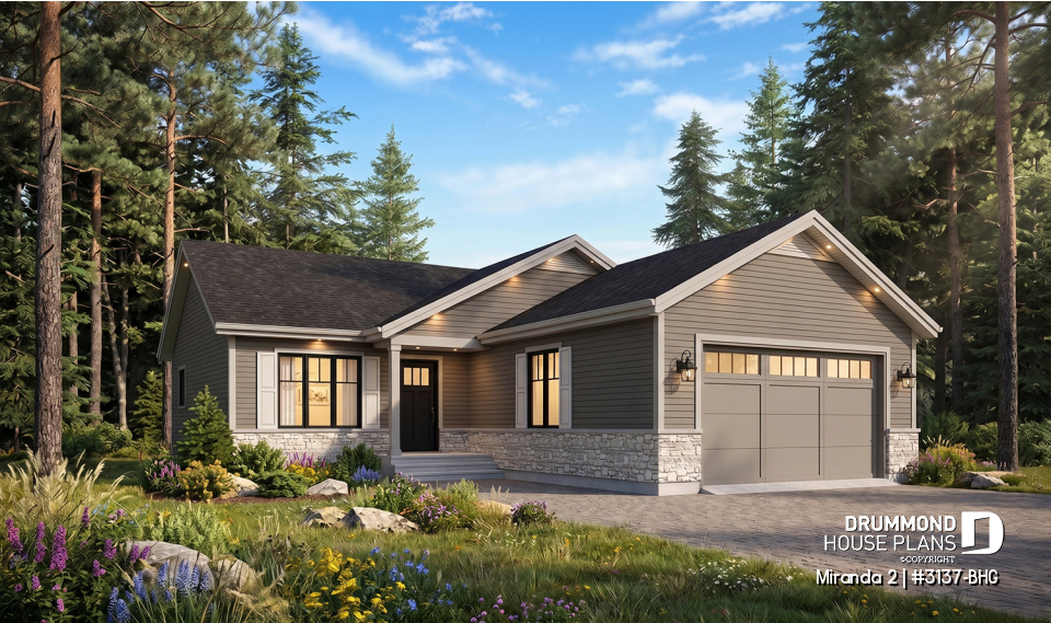 front - BASE MODEL - Affordable ranch bungalow, master bedroom with walk-in, kitchen / dining / living open concept, 2-car garage - Miranda 2