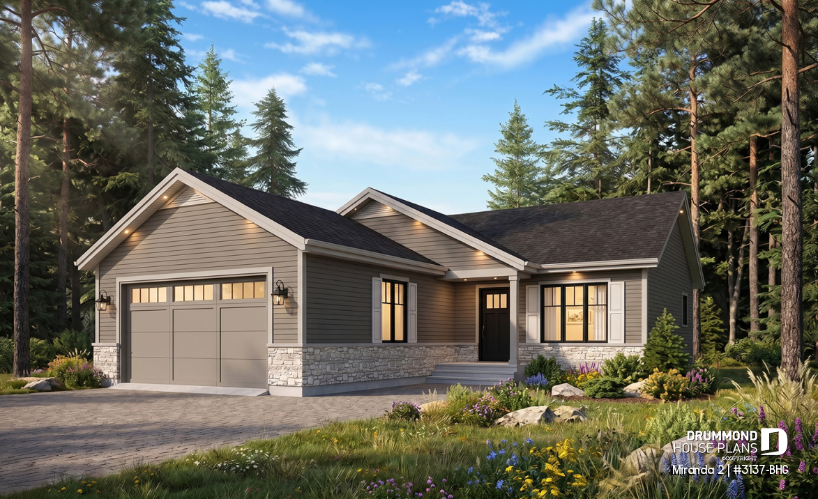front - BASE MODEL - Affordable ranch bungalow, master bedroom with walk-in, kitchen / dining / living open concept, 2-car garage - Miranda 2
