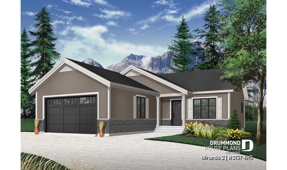 front - BASE MODEL - Affordable ranch bungalow, master bedroom with walk-in, kitchen / dining / living open concept, 2-car garage - Miranda 2