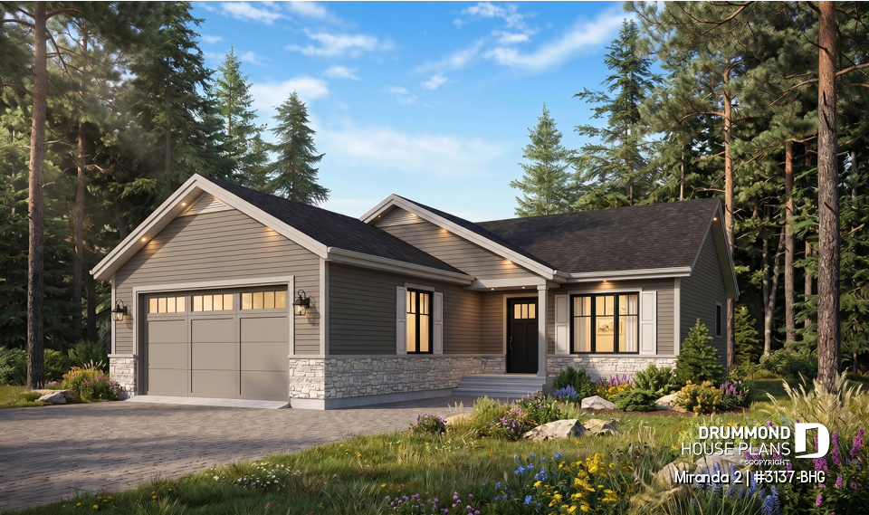 front - BASE MODEL - Affordable ranch bungalow, master bedroom with walk-in, kitchen / dining / living open concept, 2-car garage - Miranda 2