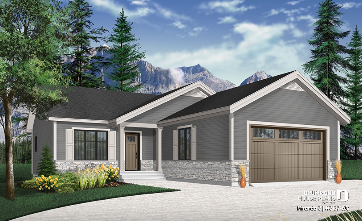 front - BASE MODEL - Affordable modern rustic ranch bungalow, 2-car garage, master suite with private shower, open floor concept - Miranda 3