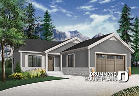 front - BASE MODEL - Affordable modern rustic ranch bungalow, 2-car garage, master suite with private shower, open floor concept - Miranda 3