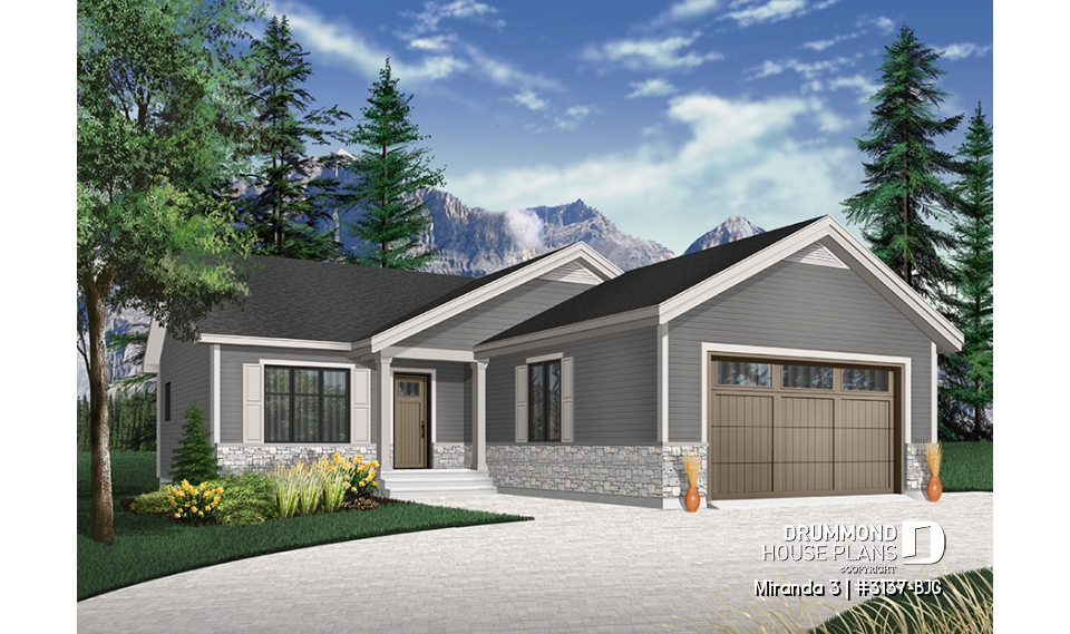 front - BASE MODEL - Affordable modern rustic ranch bungalow, 2-car garage, master suite with private shower, open floor concept - Miranda 3