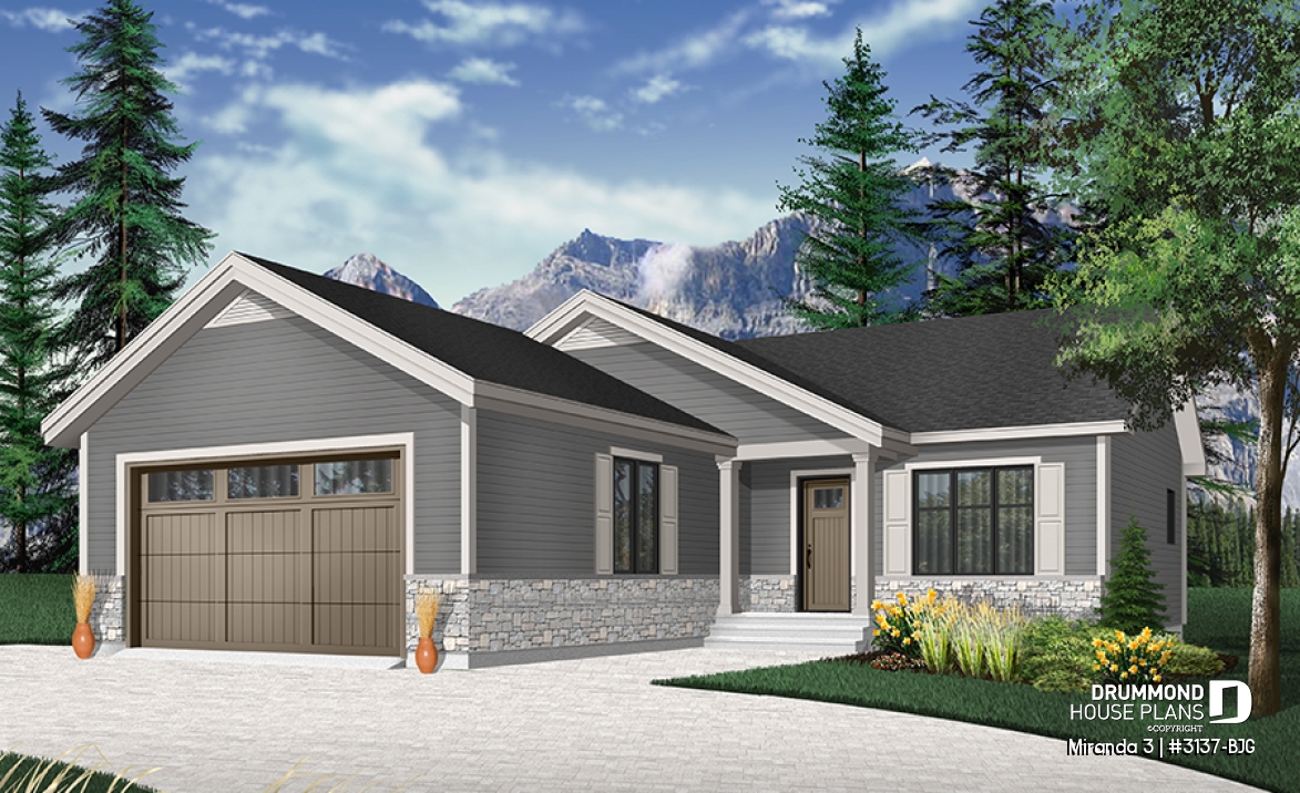 front - BASE MODEL - Affordable modern rustic ranch bungalow, 2-car garage, master suite with private shower, open floor concept - Miranda 3