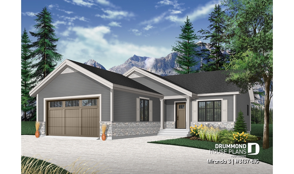 front - BASE MODEL - Affordable modern rustic ranch bungalow, 2-car garage, master suite with private shower, open floor concept - Miranda 3