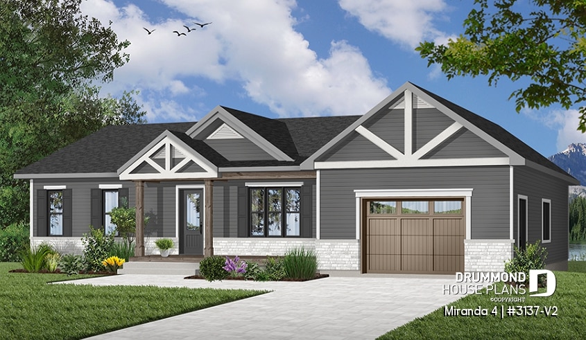 front - BASE MODEL - Country style bungalow with large one-car garage, great open kitchen, dining and living room concept, 2 beds - Miranda 4