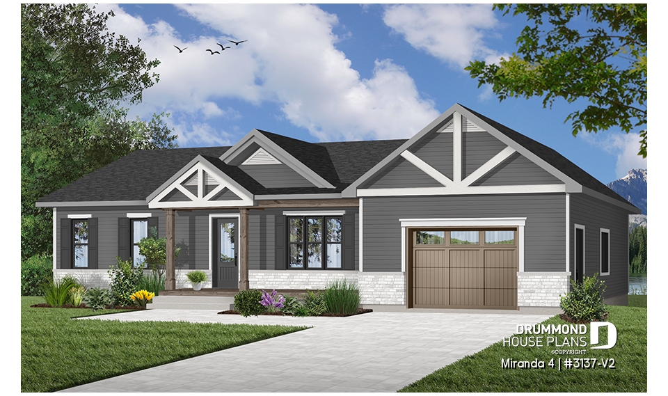 front - BASE MODEL - Country style bungalow with large one-car garage, great open kitchen, dining and living room concept, 2 beds - Miranda 4
