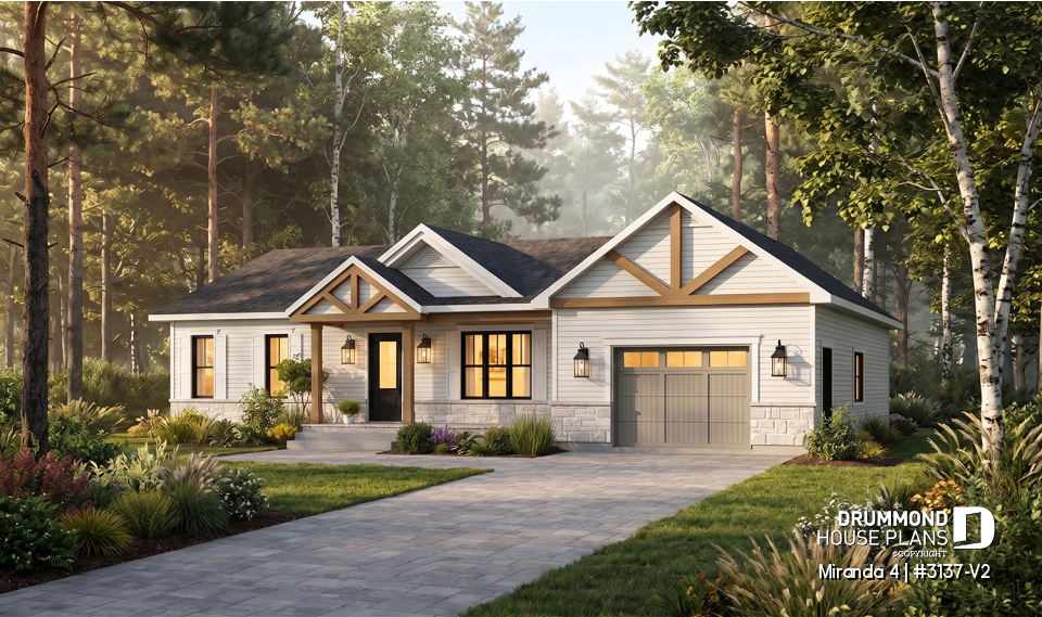 front - BASE MODEL - Compact Single-Story Farmhouse Home Plan with Garage, Ideal for First-Time Buyers and Small Budgets - Miranda 4