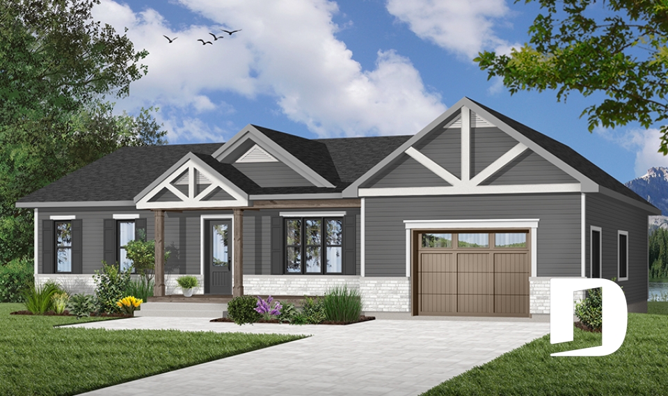front - BASE MODEL - Country style bungalow with large one-car garage, great open kitchen, dining and living room concept, 2 beds - Miranda 4