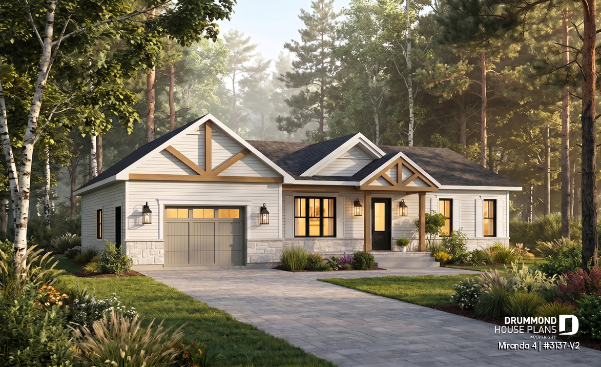 front - BASE MODEL - Compact Single-Story Farmhouse Home Plan with Garage, Ideal for First-Time Buyers and Small Budgets - Miranda 4