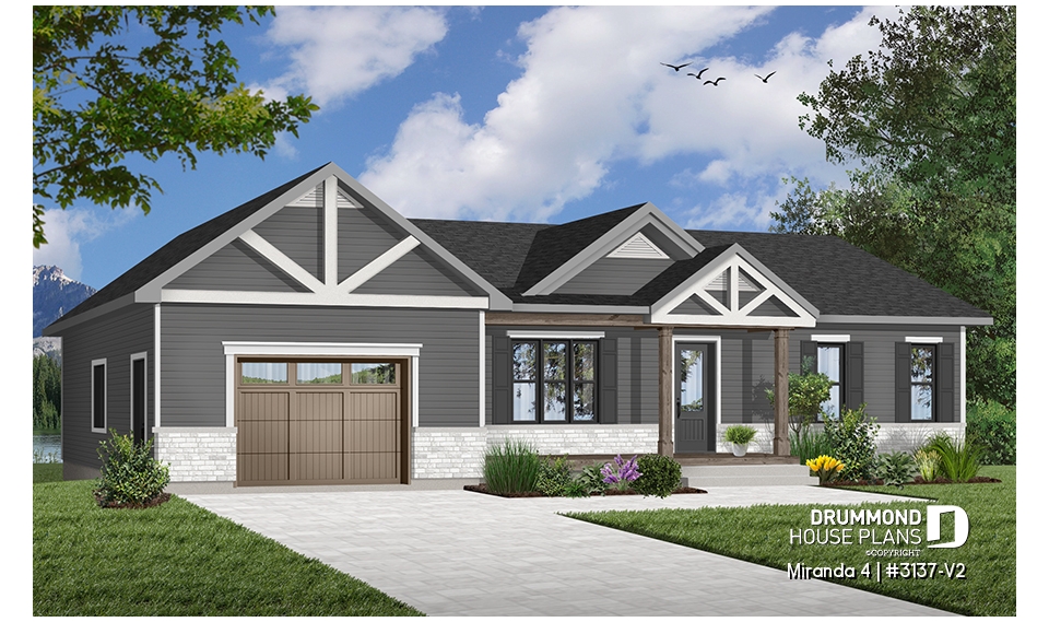front - BASE MODEL - Country style bungalow with large one-car garage, great open kitchen, dining and living room concept, 2 beds - Miranda 4