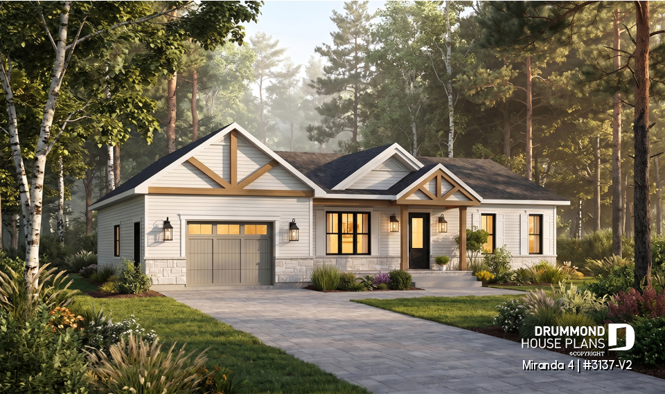 front - BASE MODEL - Compact Single-Story Farmhouse Home Plan with Garage, Ideal for First-Time Buyers and Small Budgets - Miranda 4