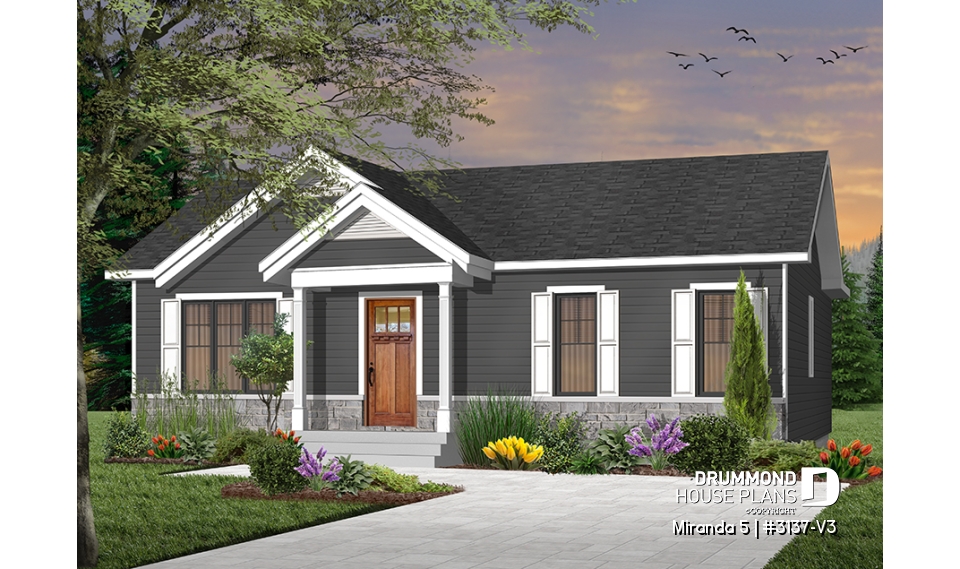 Color version 6 - Front - Smart &amp; affordable 3 bedroom bungalow house plan, optional finished basement includes 2 more bedrooms - Miranda 5