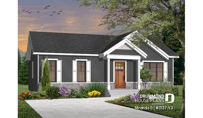 Color version 6 - Front - Small & affordable 3 bedroom bungalow house plan, open concept kitchen, dining and living room - Miranda 5