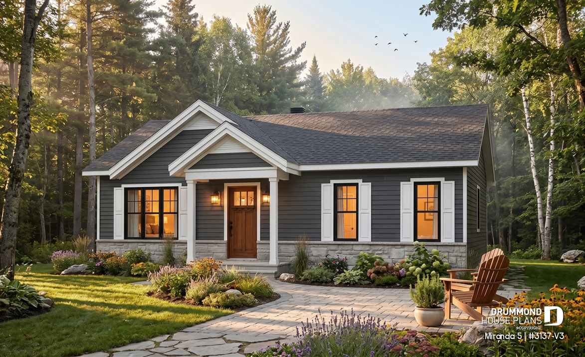 front - BASE MODEL - Smart &amp; affordable 3 bedroom bungalow house plan, optional finished basement includes 2 more bedrooms - Miranda 5