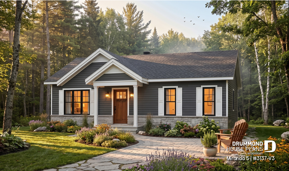 front - BASE MODEL - Smart &amp; affordable 3 bedroom bungalow house plan, optional finished basement includes 2 more bedrooms - Miranda 5