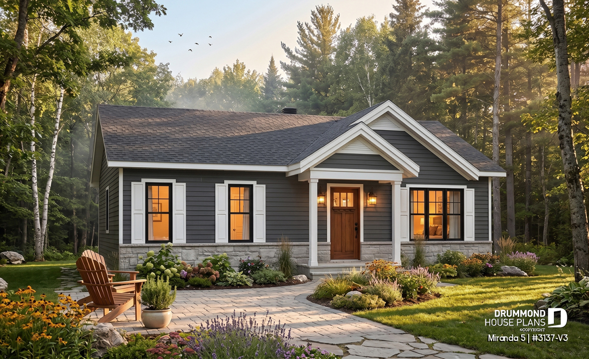 front - BASE MODEL - Smart &amp; affordable 3 bedroom bungalow house plan, optional finished basement includes 2 more bedrooms - Miranda 5