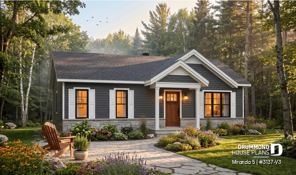 front - BASE MODEL - Smart &amp; affordable 3 bedroom bungalow house plan, optional finished basement includes 2 more bedrooms - Miranda 5