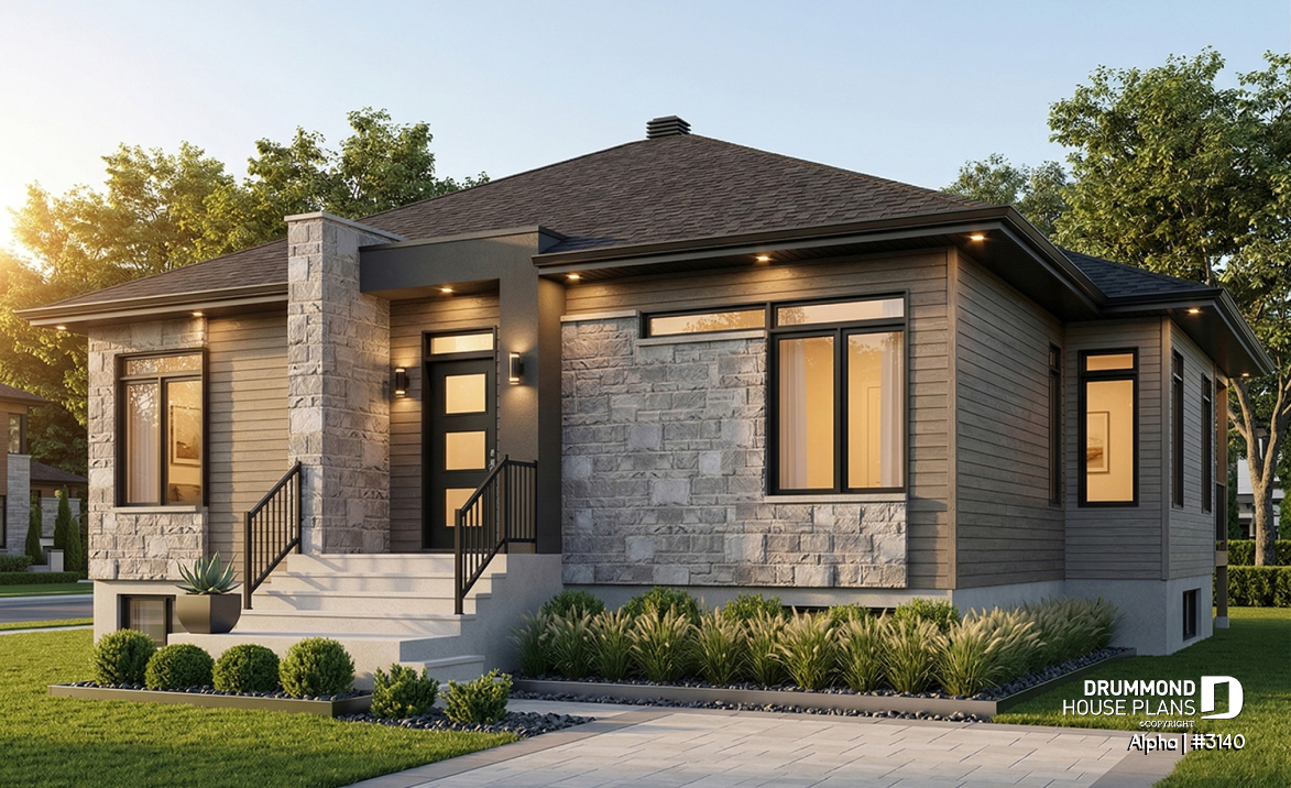 front - BASE MODEL - Small 2 bedroom Modern Mid-Century house plan, open space, laundry on main, mud room, built-ins - Alpha