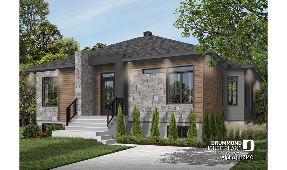 front - BASE MODEL - Small 2 bedroom Modern Mid-Century house plan, open space, laundry on main, mud room, built-ins - Alpha