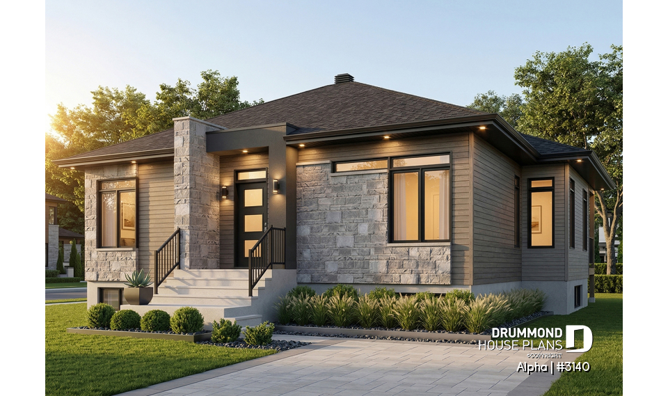 front - BASE MODEL - Small 2 bedroom Modern Mid-Century house plan, open space, laundry on main, mud room, built-ins - Alpha