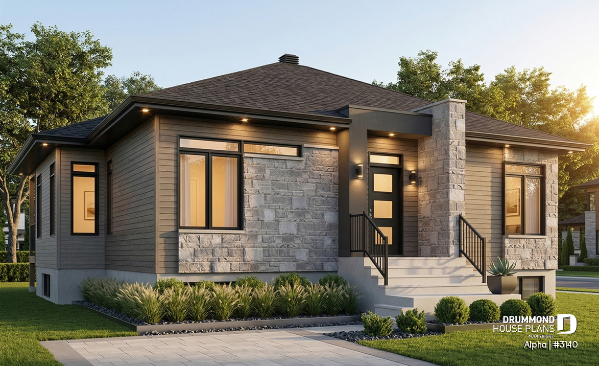 front - BASE MODEL - Small 2 bedroom Modern Mid-Century house plan, open space, laundry on main, mud room, built-ins - Alpha