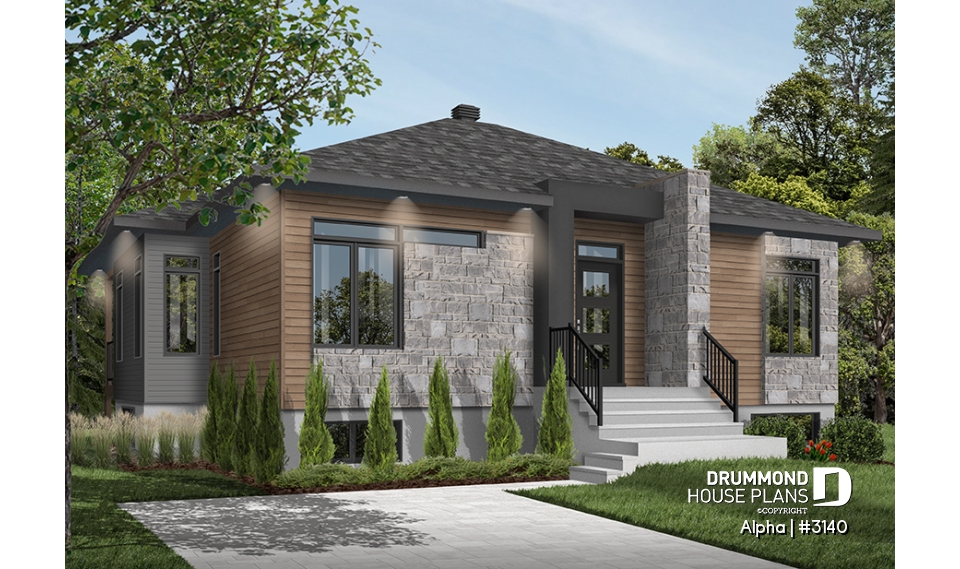 front - BASE MODEL - Small 2 bedroom Modern Mid-Century house plan, open space, laundry on main, mud room, built-ins - Alpha