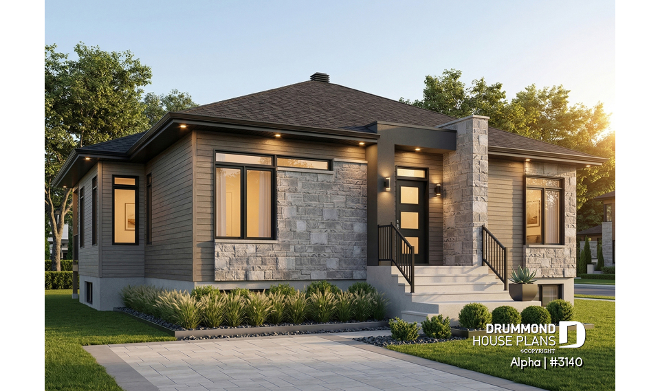 front - BASE MODEL - Small 2 bedroom Modern Mid-Century house plan, open space, laundry on main, mud room, built-ins - Alpha