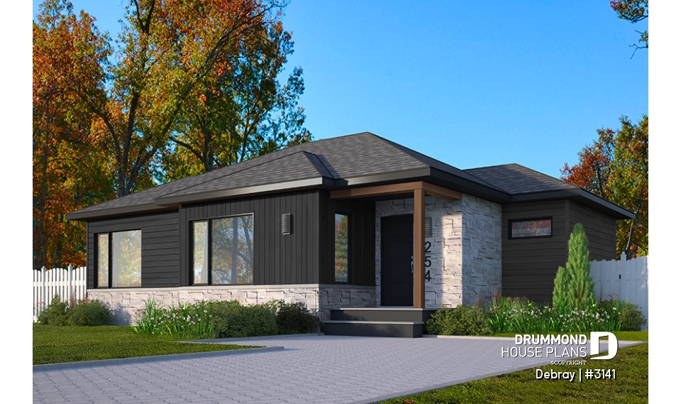 front - BASE MODEL - Contemporary 2 bedroom house with openfloor plan concept and unfinished basement - Debray
