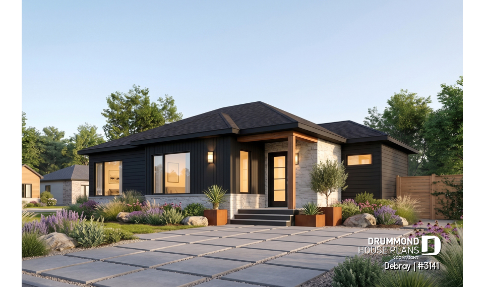 front - BASE MODEL - Contemporary 2 bedroom house with openfloor plan concept and unfinished basement - Debray