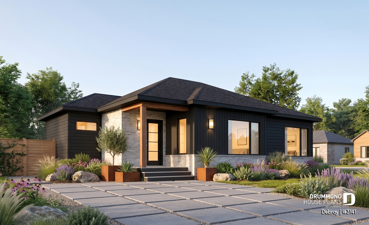 front - BASE MODEL - Contemporary 2 bedroom house with openfloor plan concept and unfinished basement - Debray