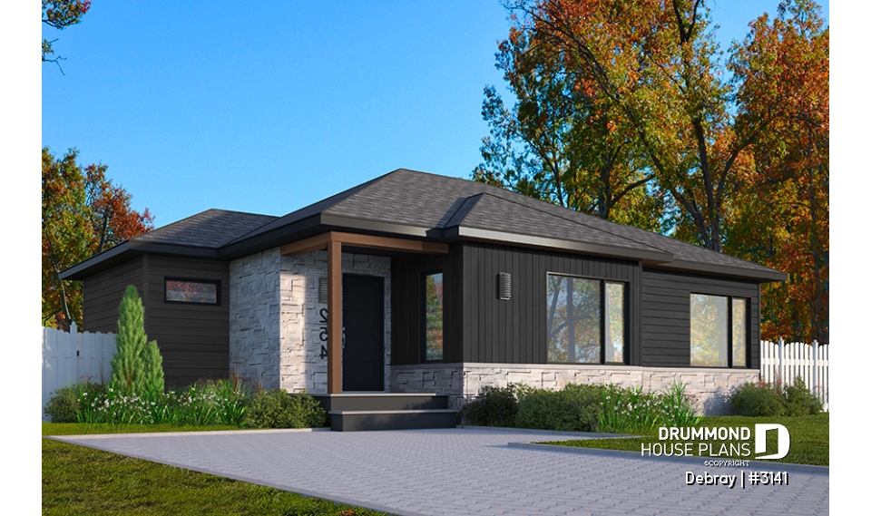 front - BASE MODEL - Contemporary 2 bedroom house with openfloor plan concept and unfinished basement - Debray