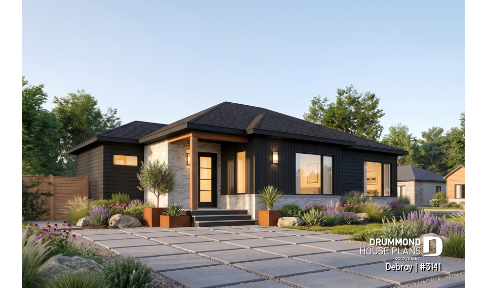 front - BASE MODEL - Contemporary 2 bedroom house with openfloor plan concept and unfinished basement - Debray