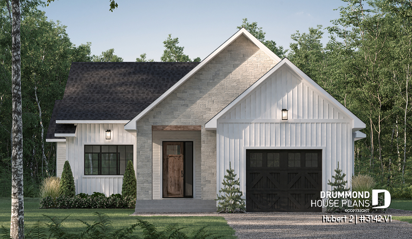 front - BASE MODEL - Classic bright bungalow house plan with fireplace, covered terrace, and 2 to 5 flexible bedrooms! - Hubert 2