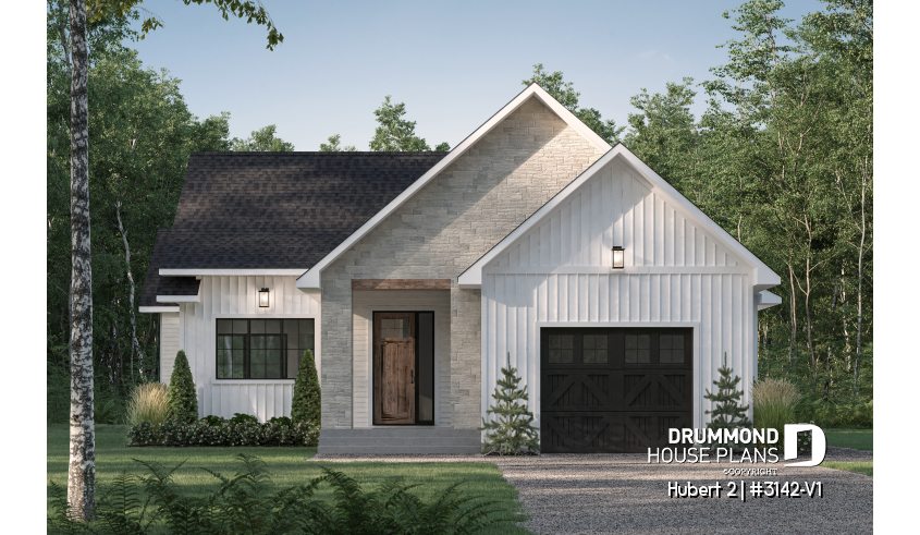 front - BASE MODEL - Classic bright bungalow house plan with fireplace, covered terrace, and 2 to 5 flexible bedrooms! - Hubert 2