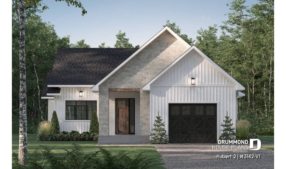front - BASE MODEL - Classic bright bungalow house plan with fireplace, covered terrace, and 2 to 5 flexible bedrooms! - Hubert 2