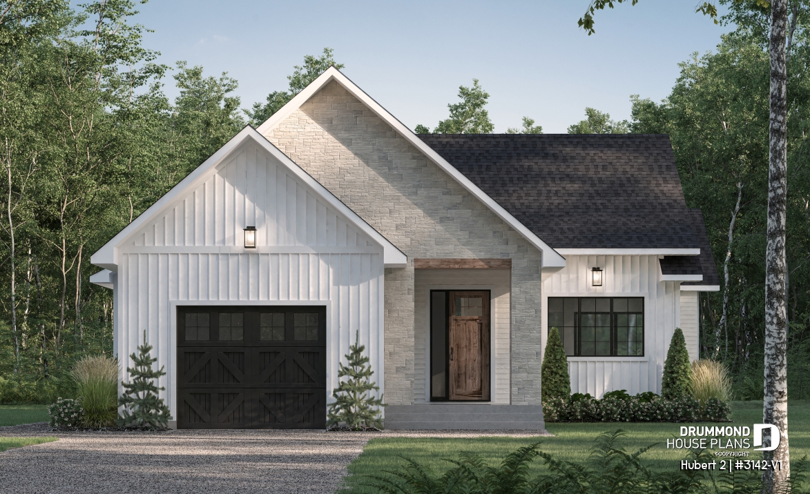 front - BASE MODEL - Classic bright bungalow house plan with fireplace, covered terrace, and 2 to 5 flexible bedrooms! - Hubert 2