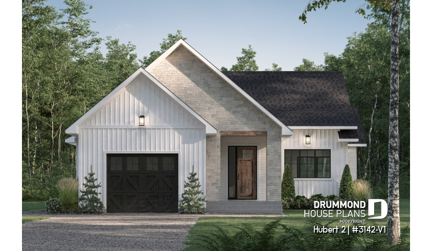 front - BASE MODEL - Classic bright bungalow house plan with fireplace, covered terrace, and 2 to 5 flexible bedrooms! - Hubert 2