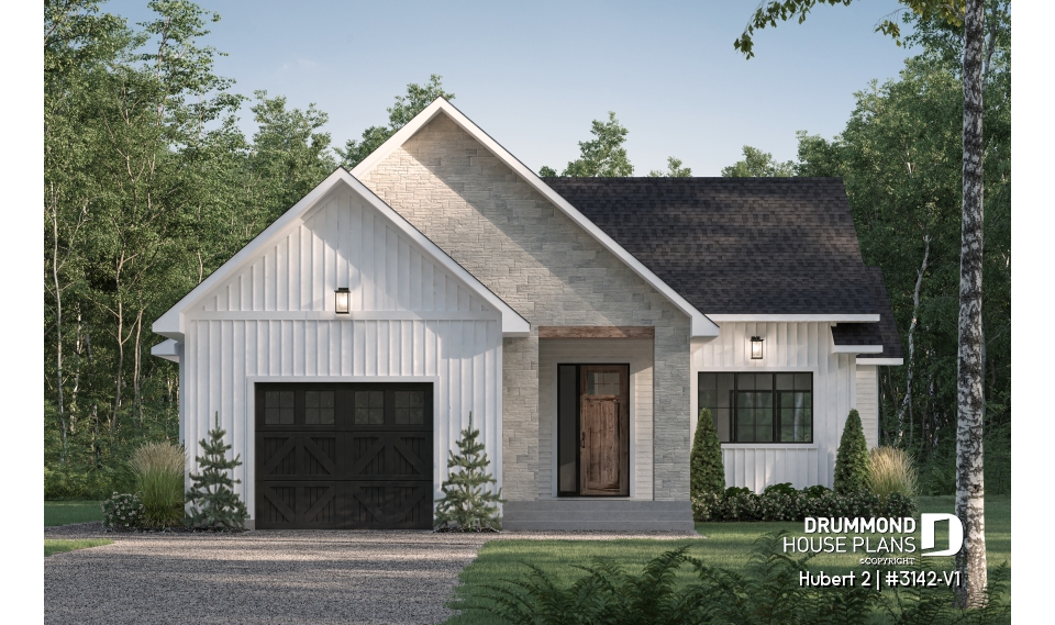 front - BASE MODEL - Classic bright bungalow house plan with fireplace, covered terrace, and 2 to 5 flexible bedrooms! - Hubert 2