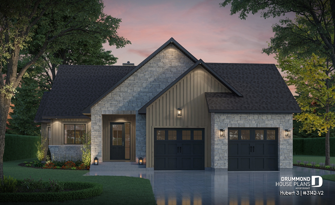 front - BASE MODEL - Single-story home with double garage, spacious main-floor primary suite, STÛV wood-burning fireplace, and den - Hubert 3