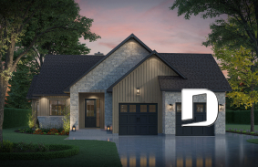 front - BASE MODEL - Single-story home with double garage, spacious main-floor primary suite, STÛV wood-burning fireplace, and den - Hubert 3