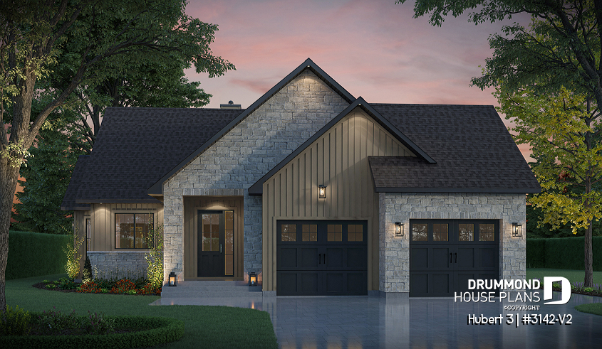 front - BASE MODEL - Single-story home with double garage, spacious main-floor primary suite, STÛV wood-burning fireplace, and den - Hubert 3