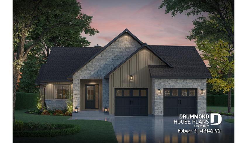 front - BASE MODEL - Single-story home with double garage, spacious main-floor primary suite, STÛV wood-burning fireplace, and den - Hubert 3