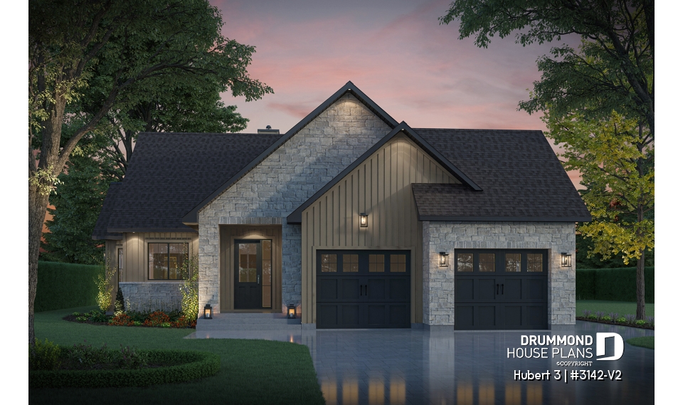 front - BASE MODEL - Single-story home with double garage, spacious main-floor primary suite, STÛV wood-burning fireplace, and den - Hubert 3