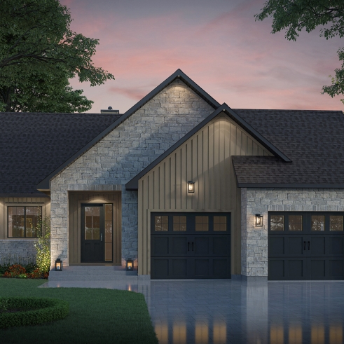 front - BASE MODEL - Single-story home with double garage, spacious main-floor primary suite, STÛV wood-burning fireplace, and den - Hubert 3